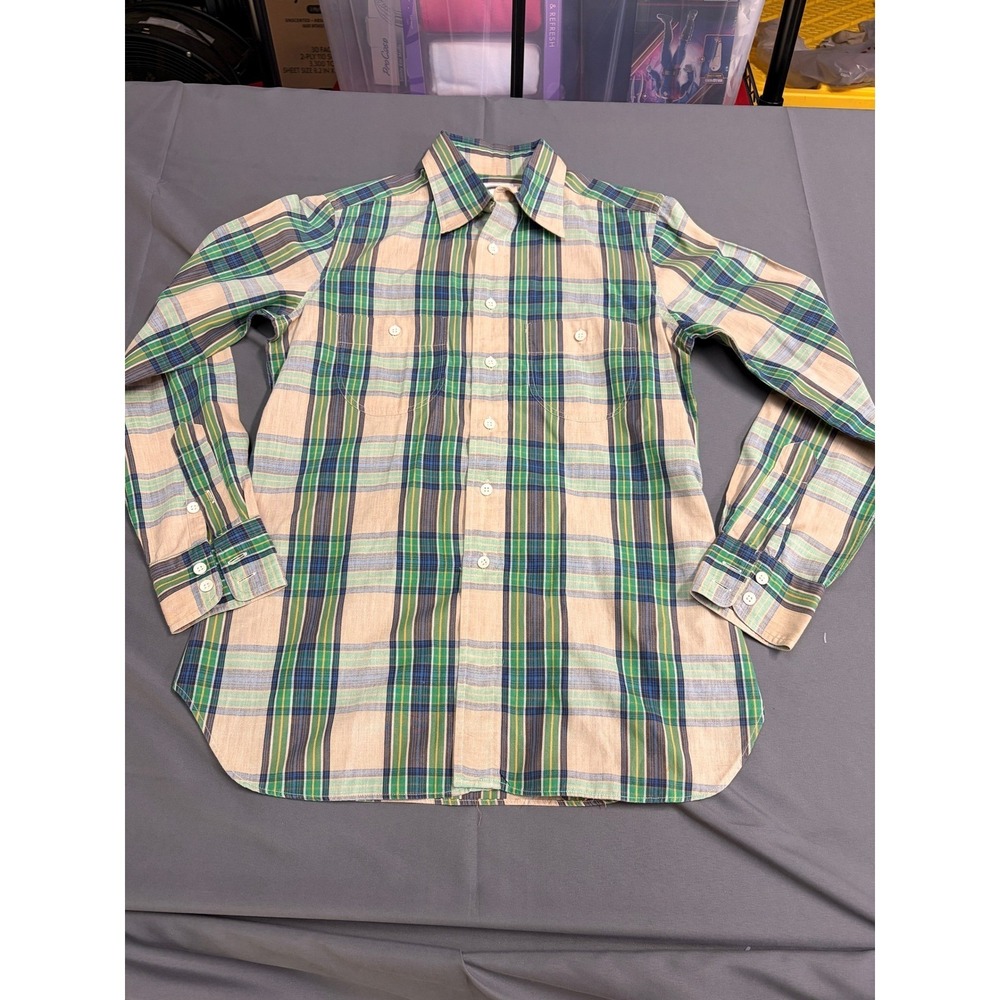 Vintage Pulitzer Mens Green Blue Plaid Cotton Button Down Shirt Long Sleeve 14